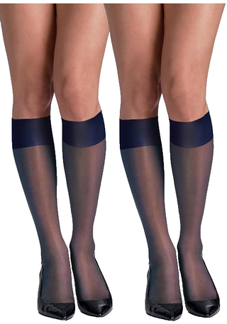 2 Hanes Knee Highs  Silk Reflections Enhanced Toe, Classic Navy, Plus (22 inch)