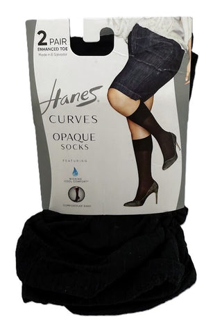 2 Hanes Plus Size Women Curves Opaque Socks Black Enhanced Toe,3X/4X